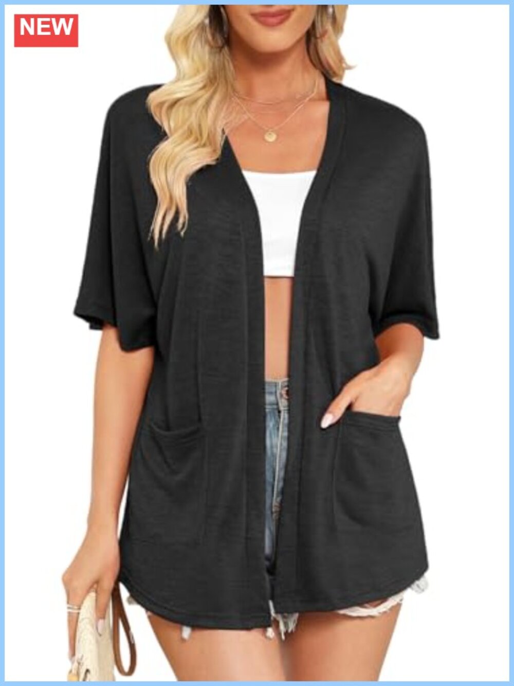 Short Sleeve Open Front Cardigan Lightweight Summer Thin with Pockets